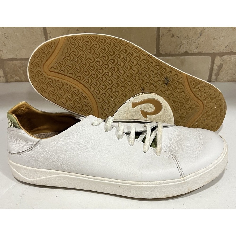 Olukai Shoes Mens Lae'ahi Pili White Leather Palm Leaves Lace‎ Sneakers Men's 12